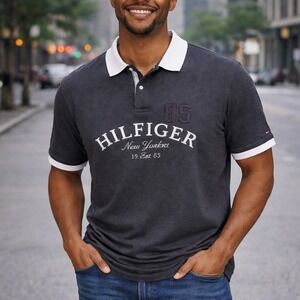 Tommy Hilfiger Polo Shirt XL Gray 85 Logo Preppy Streetwear Cotton Top